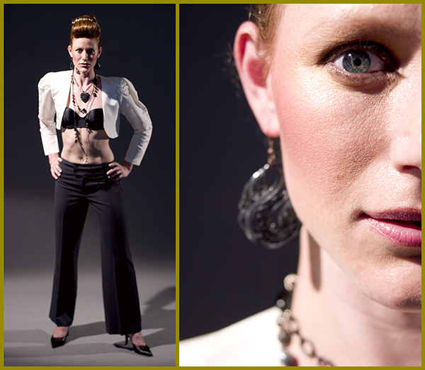 Studio fashion diptych — full-length look paired with a beauty detail, photographed by James Jackson.